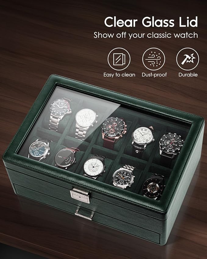 Vlando Watch Box for 10 slot, Lockable Watch Case with Textured Leather, 2 Layer Watch Holder for Rings, Bracelets, Glasses, Glass Lid, Removable Divider, Gift for Fathers, Husband, Friend, Dark Green