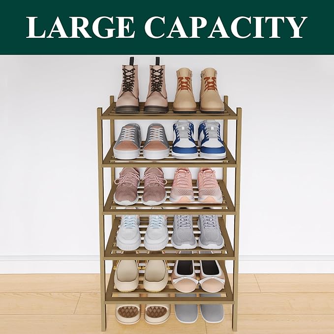 Smiry Small Bamboo Shoe Rack 5-Tier, Stackable Wooden Shoe Organizer for Entryway & Closet, Free Standing Wood Shoe Storage Shelf for Front Door & Small Spaces, Walnut
