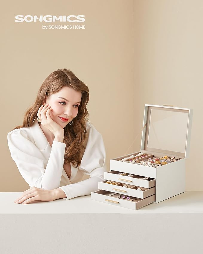 SONGMICS Jewelry Box Organizer with Glass Lid, 4-Layer Jewelry Storage, with 3 Drawers, Modern Style, 8 x 9.1 x 6.5 Inches, Cloud White and Gold Color UJBC173W01