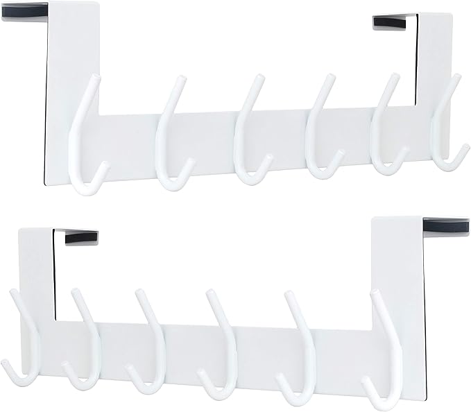 SKOLOO Over The Door Hook - 6 Hooks, No Assembly Required, Stainless Steel Door Hooks, Over Door Coat Rack for Hanging Coats Clothes Hats Robes, White, Pack of 2