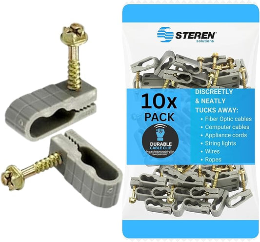 STEREN Coaxial Cable Clips - Cable Holder - Wire Clips - Siding Clips for Hanging - Cord Holder for Desk - Cable Clamps - Cord Clip - Wire Organizer Clips - Tv Mount Screws - Gray - 10 Pack