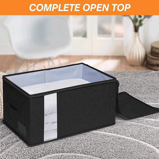 punemi 2 Pack Clothes Storage, Sturdy Blanket Storage Bags with Side Bottom Support, Storage Containers for Organizing Bedroom Closet Clothing Comforter, Organization and Storage W/Lids Handle,Black