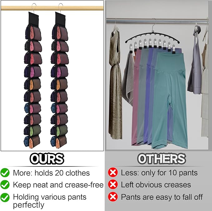 Aulock 2 Pack Legging Storage Organizer, Hanging Closet Organizer System, Black Clothes Closets Holder with 20 Roll Independent Compartments for Yoga T-Shirts Bras Socks Pants Tank Top Towel
