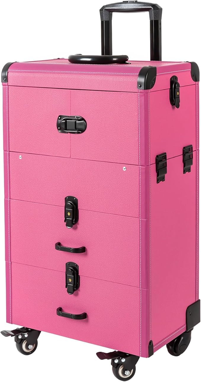 Rolling Makeup Train Case with Wheels and Mirror, Lockable Portable Cosmetic Organizer Trolley, Large Make up Cosmetic Orgainzer, Pro Makeup Artists Multifunction Cosmetics Trolley Train Case (Rose)