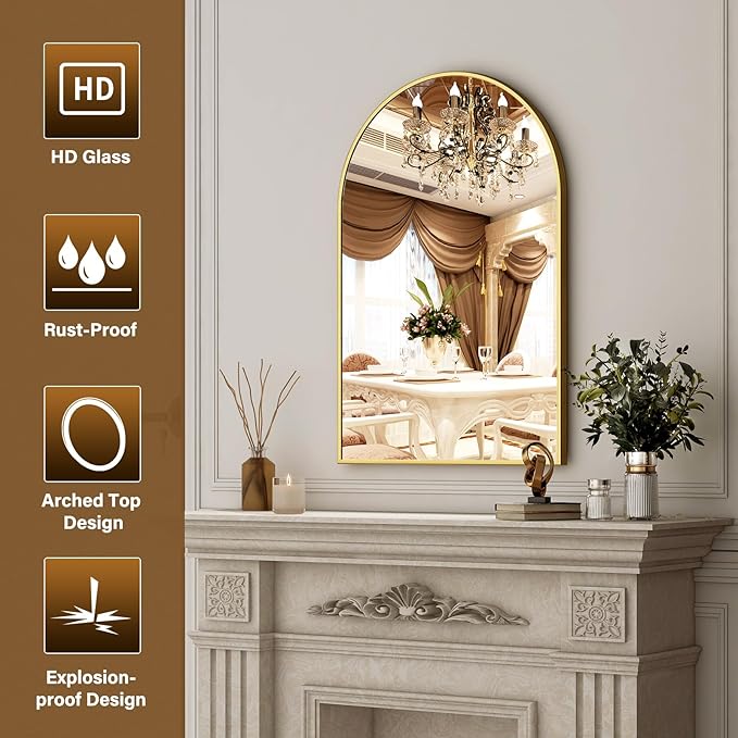 24"x36" Gold Arched Bathroom Mirror - Wall Mirror for Bathroom, Metal Frame Vanity Mirror, Dresser Mirror, Arch Decorative Mirrors for Living Room, Bedroom, Entryway, Mantle