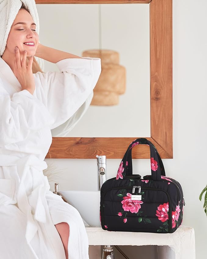 TOPDesign Travel Toiletry Bag for Women, Puffer Large Toiletry Bag, Lightweight Cosmetic Makeup Organizer with Handle for Traveling, Accessories, Essentials, Toiletries (Peony)