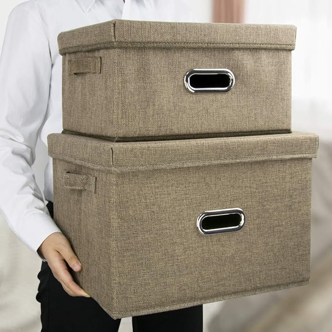 Sturdy Fabric Cube Storage Bin Minimalist Portable Storage Container Space-saving Storage Box with Lids, 15" x 11" x 10.2", Brown
