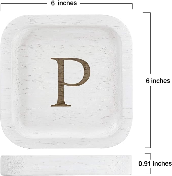 I'm Wooden Personalized Letter Catchall Valet Tray Trinket Dish Jewelry Tray Key Bowl Decorative Plate Organizing Ring Earrings Necklaces Bracelet Watch Coins Wallet Holder (6"x6" Sq White P)