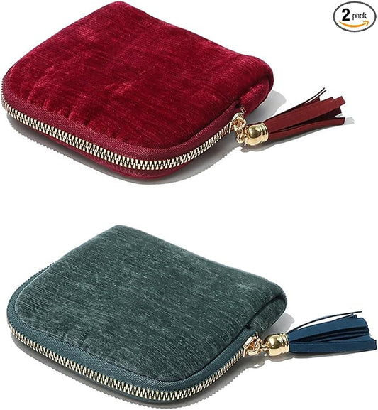 2-Pack Velvet Jewelry Organizer Case - Travel Zipper Pouch with Tassel, 6-Layer Storage for Bracelets, Bangles & Accessories (Red + Navy Blue)