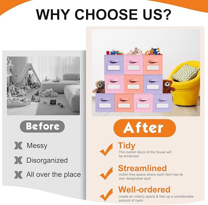 10 Pcs Fabric Storage Cubes with Labels 11 Inch Collapsible Cube Organizer Baskets with Window Cards for Shelf Nursery Clothes Book Toys Storage Bin(Gentle Pink Purple)