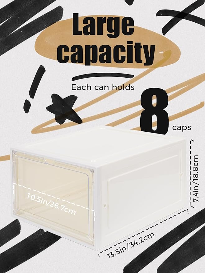 6 Pack Hat Organizer Box, Stackable Clear Baseball Caps Holder Box Containers with Magnetic Door for Hats Snapback Cap Storag, Hat Rack Display Case, Holds 8 Hats Each (White)