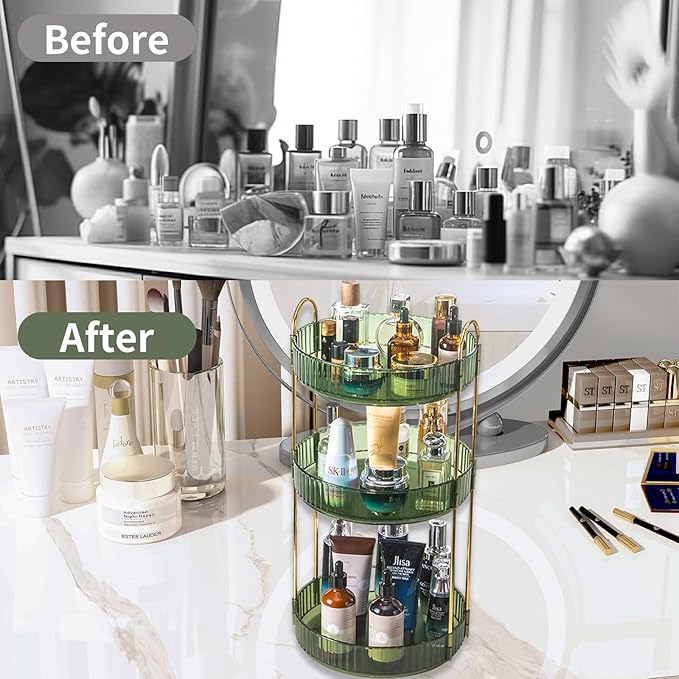 360 Rotating Perfume Organizer,3 Tier Large Capacity Make Up Organizers and Storage,Makeup Organizer for Bathroom,Cosmetic Perfume Stand Holder (Green-3 Tier)