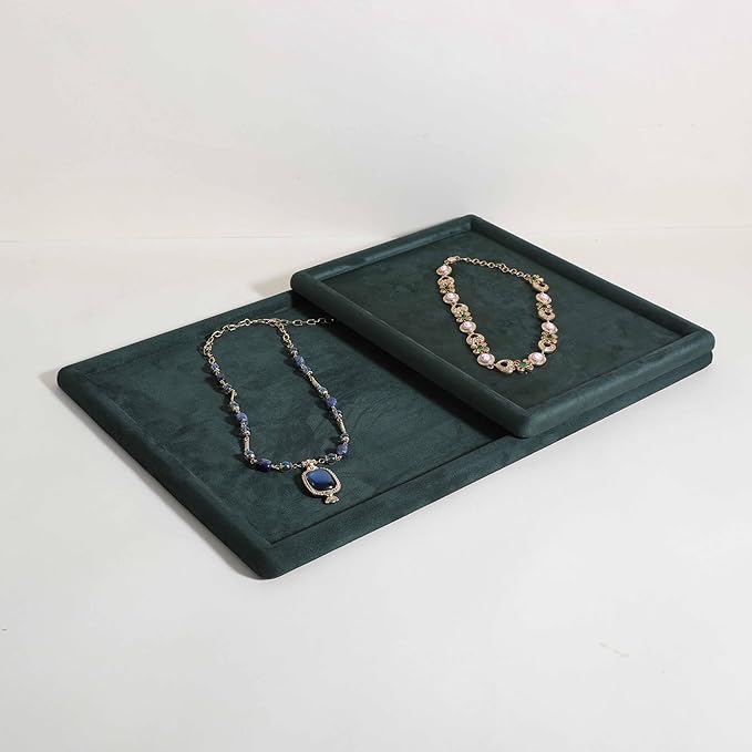 Rectangle Jewelry storage organizer plate, Velvet Jewerly display tray, Empty showcase tray for Necklace Bracelet Ring Earring【Green-Large, 17.7 x 11.8 in 】
