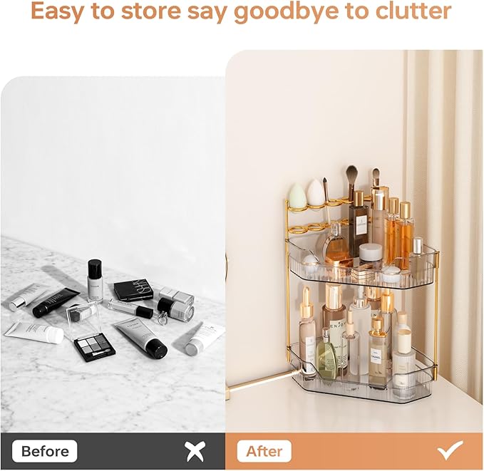 Corner Bathroom Counter Organizer with Makeup Brush Holder & Toothbrush Holders, Makeup Organizer for Vanity Countertop, Acrylic Skincare Storage Shelf (Grey, 2-Tier)