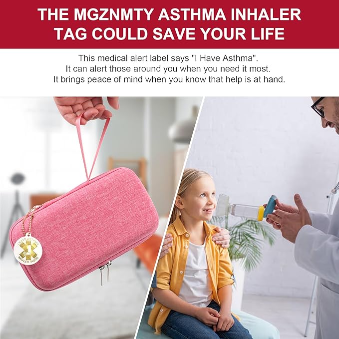 MGZNMTY Travel Carrying Case Compatible with Asthma Inhaler Spacer for Adults and Children, Masks, Inhaler Holder with Asthma Alert Tag and Medical Card, Carabiner (Only Case) (Pink)