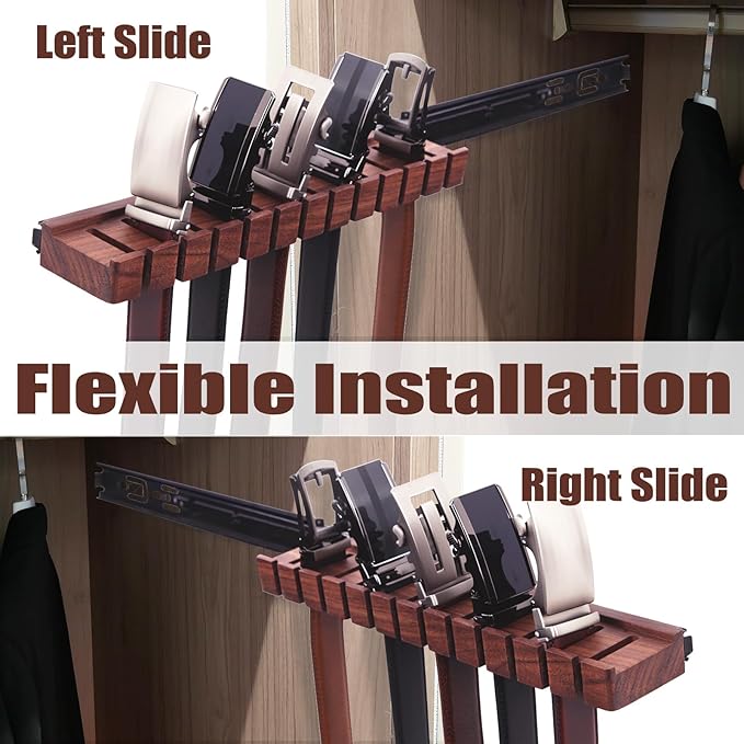 12 Belts Walnut Wood Belt Holder with Slide, Left or Right Slide Flexible Install Belt-Rack, Belt Hanger for Closet, Space Saving Belts Storage Organizer, Gift for Men