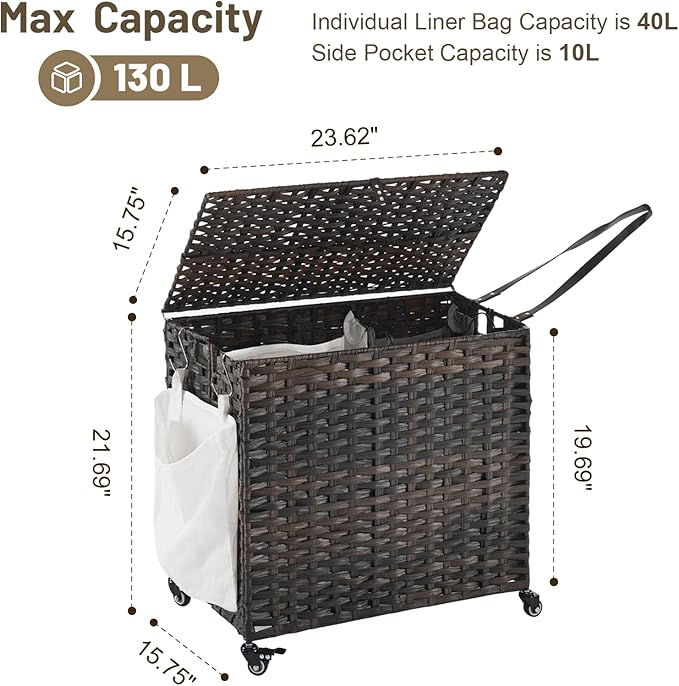 Laundry Hamper with Wheels, 34.3 Gallon(130L) Rolling Laundry Basket with Lid, Removable Large 2 Color Liners & 3 Mesh Laundry Bags, Clothes Hamper with Side Pocket, Brown