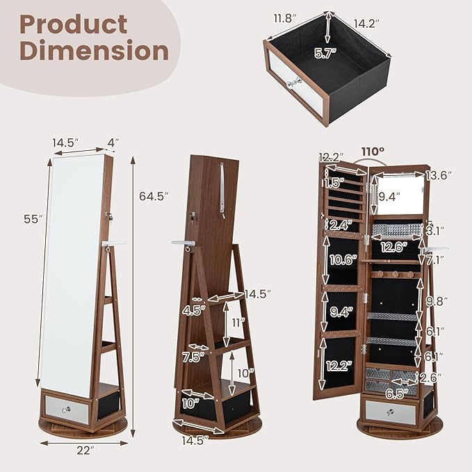 GOFLAME 360 Rotating Jewelry Cabinet with Full Length Mirror, Standing LED Jewelry Armoire, Lockable Organizer with Hair Dryer Rack, Back Storage Shelves, Inner Makeup Mirror, Walnut