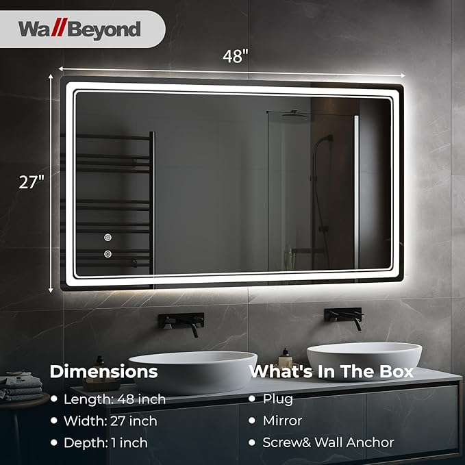 WallBeyond LED Bathroom Mirror with Lights, 28'' x 48'' Inch Led Bathroom Vanity Mirror for Wall with Front and Backlit, Anti Fog Mirror for Bathroom, 3 Colors and Dimmable Light, Horizontal/Vertical