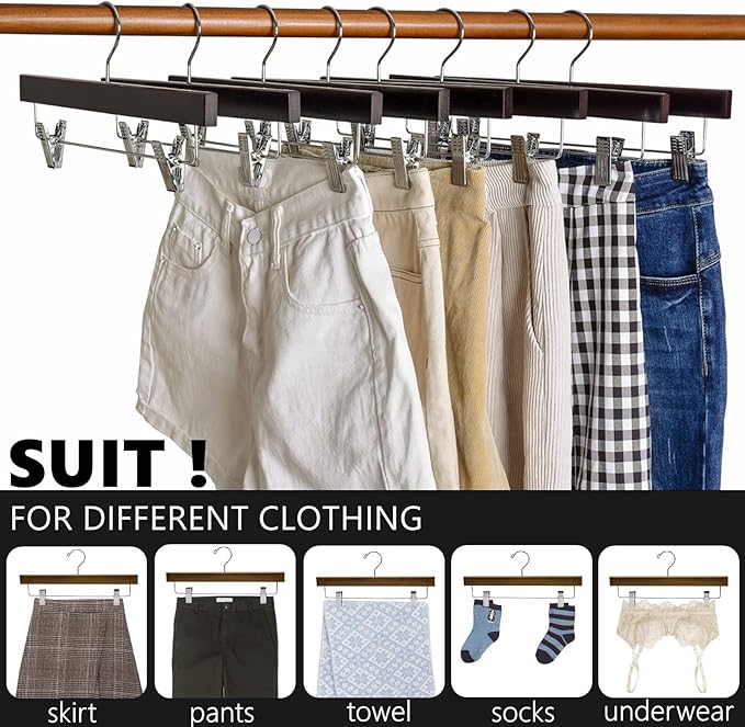 Amber Home 24 Pack Retro Wooden Pants Hangers with Clips, Walnut Wood Bottom Jeans Skirt Hanger, Clip Hanger for Trousers, Slacks, Shorts (Vintage, 24)