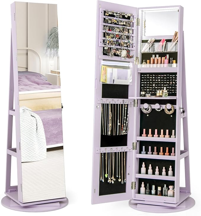 Mirror Jewelry Cabinet Standing with Full Length Mirror, 360° Swivel Jewelry Armoire with 3-Color LED Lights & Foldable Makeup Shelf, Lockable Organizer for Women, Space-Saving (Lavender)