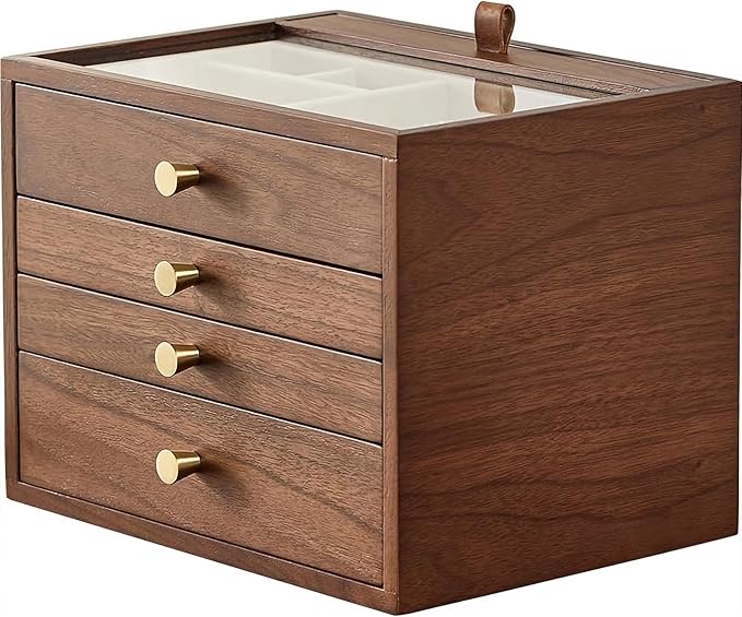 Black Walnut Wooden Jewelry Box for Women 4 Layer with Glass Lid and Pull-out Necklace Storage Layer Watch Necklace Ring Earring Storage,Valentine's Day Gifts
