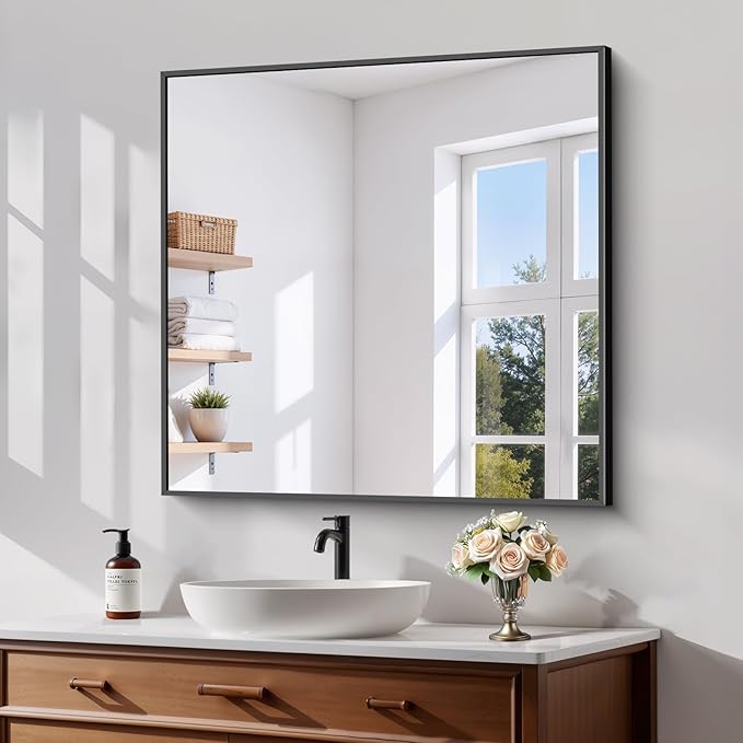 Koonmi Black Framed Bathroom Mirror - Shatterproof 30"x30" Tempered Glass, HD No Distortion, Horizontal/Vertical Mount, Modern Matte Aluminum Alloy Frame