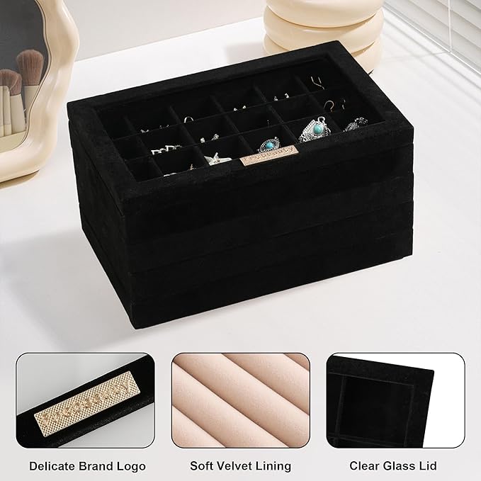 Frebeauty Stackable Jewelry Trays,Velvet Jewelry Organizer for Drawer,5-in-1 Jewelry Storage Box with Lid,Vanity Jewelry Display for Earrings Necklaces Rings,10.5 x 6.5 x 5.55 Inches,Gift for Women