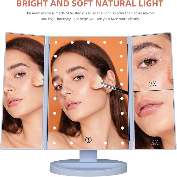 Trifold Makeup Mirror Vanity Mirror with Lights,1X 2X 3X Magnification,Touch Control,Adjustable Rotation,Dual Power Supply,Portable Travel Cosmetic Mirror,Birthday Gifts for Women,Teengirls