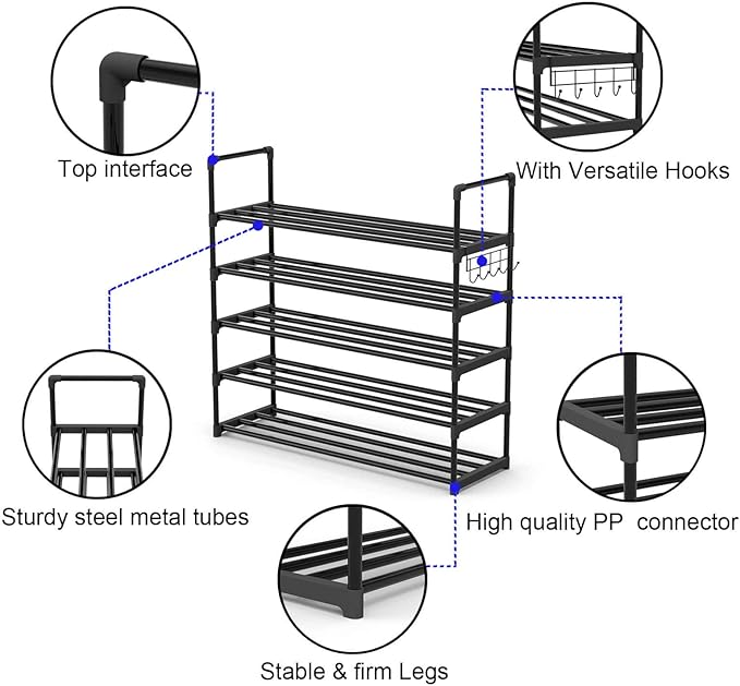 5 Tiers Metal Shoe Rack,Adjustable Shoe Shelf Storage Organizer with Hooks,Stackable Boot & Shoe Storage,for Entryway,Hallway,Closet,Black