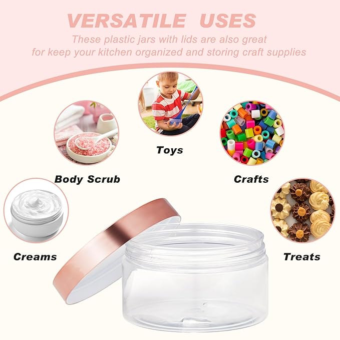 Dandat 24 Pcs 8 oz Plastic Jar Container with Lid and Label Refillable Empty Round Clear with Rose Gold Pet Cosmetic Sample Slime Containers for Lotion, Cream, Ointments, Body Butter, Travel Storage