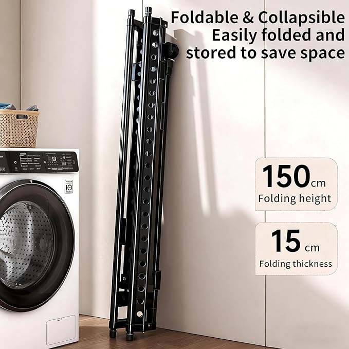 Double Rod Foldable Extendable Rolling Clothes Drying Garment Rack with Wheels, Heavy Duty Adjustable Freestanding Metal Clothes Rack for Indoor Outdoor Balcony Laundry, Black