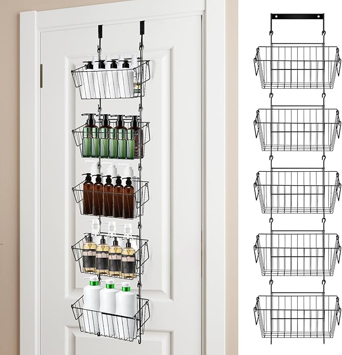 Over The Door Organizer – 5 Removable Hanging Baskets, Back of Door Storage for Bathroom, Kitchen, Pantry & Garage, No Tools Needed, 3 Installation Methods (Wall/Door Mount) Black