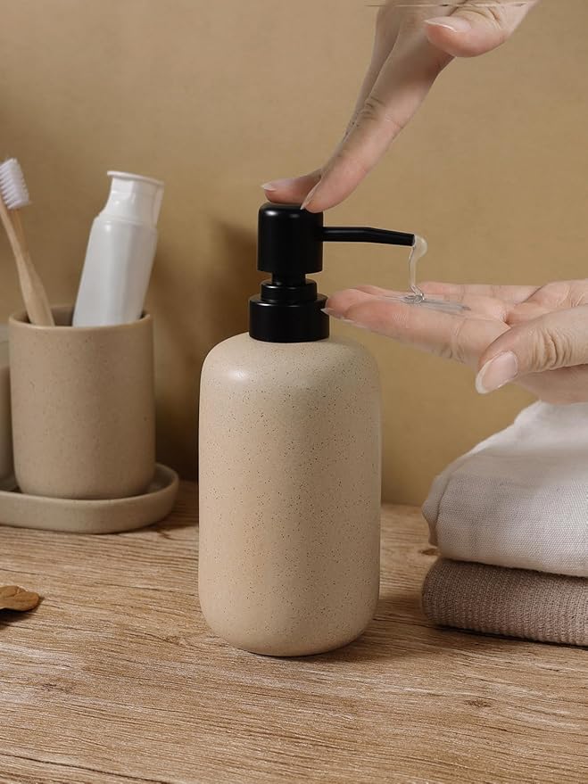INGOFIN 3 Pcs Ceramic Bathroom Accessory Set - Liquid Soap Dispenser, Toothbrush Holder & Tray, Bathroom Counter Set, Countertop Essentials for Home, Guest Bathroom, or Office Use, Beige