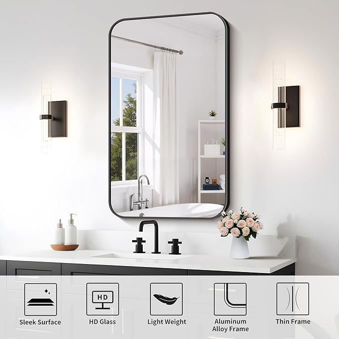 FORBATH Bathroom Mirror for Over Sink 24x40 Inch Black, Rectanglar Wall Mirror with Metal Frame, Rounded Corners for Bathroom, Bedroom, Entryway Decor (Horizontal or Vertical)