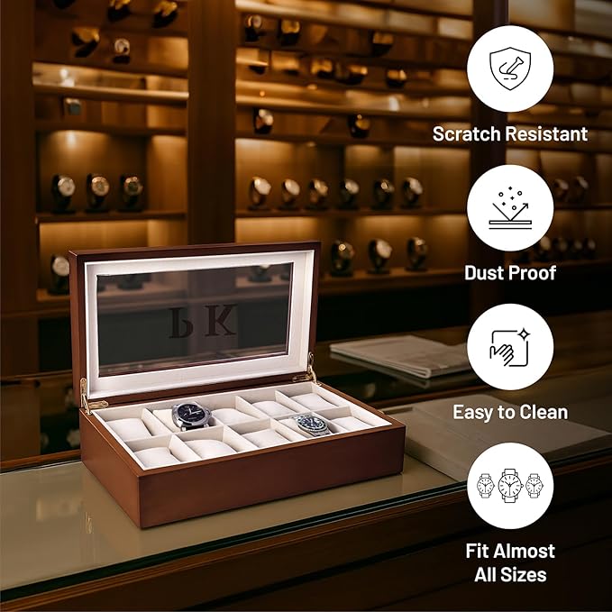 Bey-Berk Modena Personalized Cherry Wood 10-Slot Watch Box, Custom Glass-Top Solid Wood Display Case with Velour-Lined Watch Cushions, 14.75" x 8.5" x 3.5"