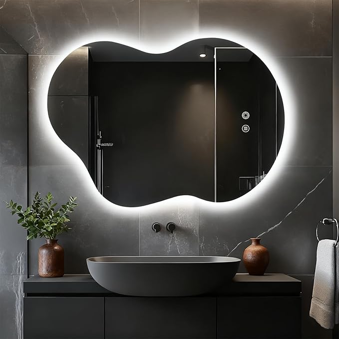 Asymmetrical Lighted Mirror for Bathroom,Modern LED Vanity Mirror with Backlit,Fog-Free,Tri-Color Dimmable Lighting with Memory Function,Hardwire Ready [Horizontal/Vertical] 35" H x 25" W