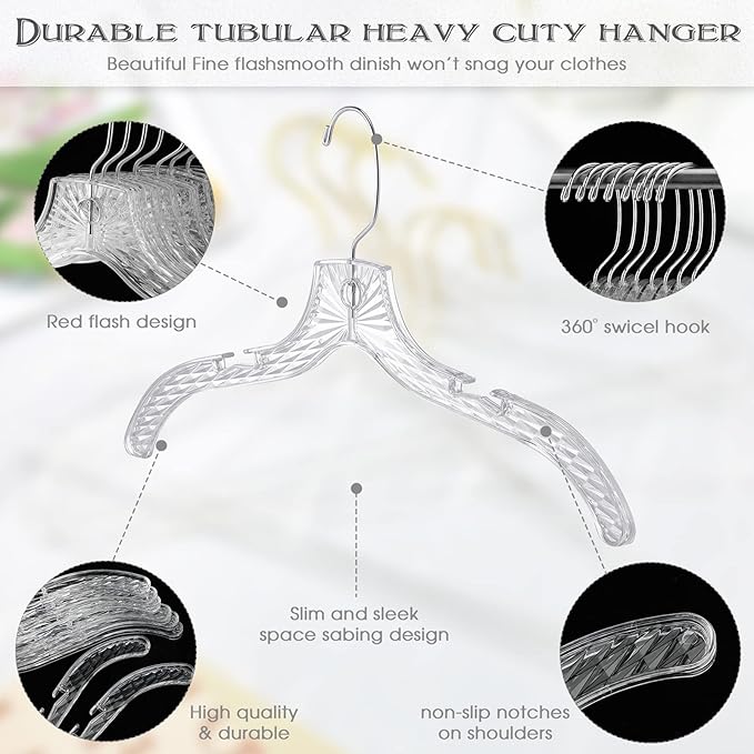 Roowest 40 Pcs Clear Plastic Hangers for Clothes Bulk 17 Inches Durable Crystal Cut Heavy Duty Hangers with Swivel Clips Non Slip for Clothing Closet Coats Dress Suit Shirts Jacket Thick Tough