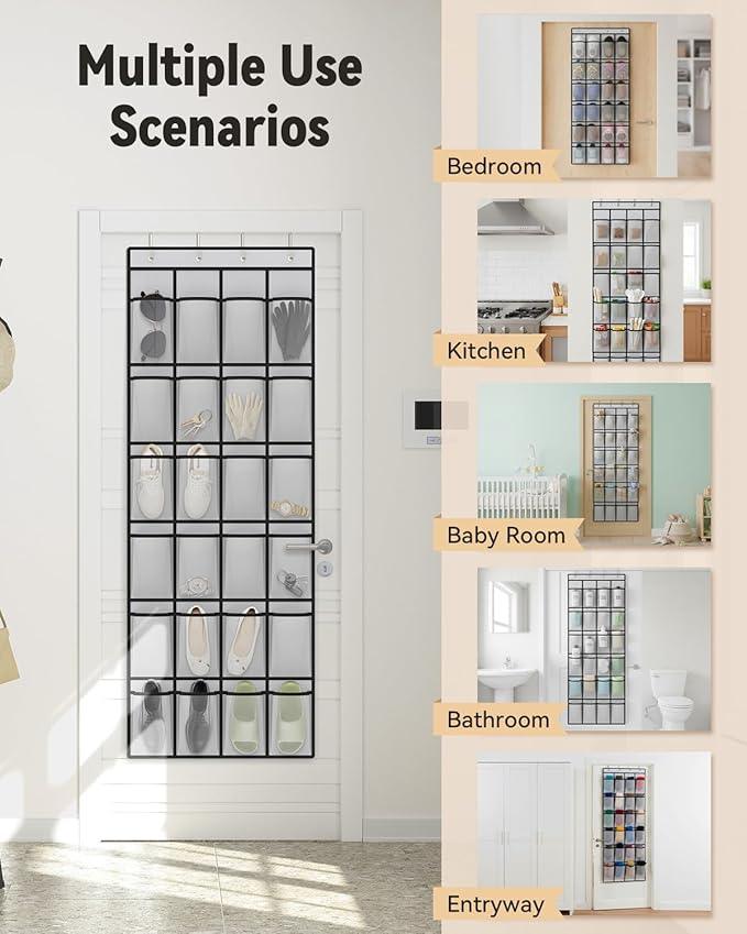 dodowin Over the Door Shoe Organizer Rack, 24 Large Breathable Mesh Pockets, Foldable Hanging Storage Holder for Closet Door, Space Saving Shoe & Accessory Organizer with 4 Metal Hooks, Gray