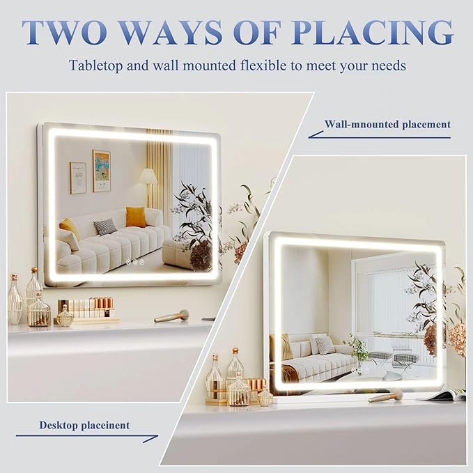 Makeup Vanity Mirror 24" x 19" Large LED Makeup Mirror, Desk Mirorr with Lights, Light up Mirror with 10X Magnification and, Dimmable 3 Modes, Touch Control White