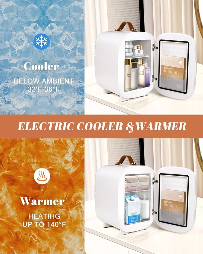 Mini Fridge for Bedroom, 4 Liter/6 Can Skincare Fridge With LED Mirror,12v AC/DC Cooler & Warmer Portable Small Refrigerator for Drinks, Makeup, Dorm, Office and Car(White)
