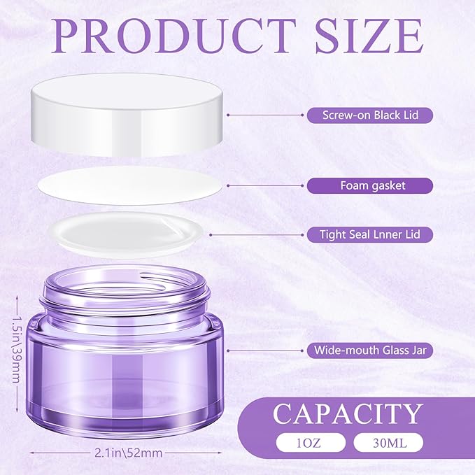 Domensi 60 Pcs 1oz Glass Jars with Lids Bulk Salve Tins Winter Cream Container Small Glass Candle Cosmetic Jars for Travel Lip Balm with Inner Liners for Lotion Sample Cream(Light Purple, White Lids)