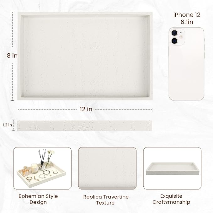 Artificial Travertine Tray, 12"x8" Perfume Tray for Bathroom Counter, Vanity, Home Organizer, Decorative Marble Trays for Perfume, Jewelry, Candles, Coffee, Rectangle, White