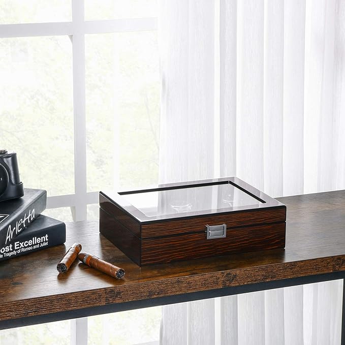 BEWISHOME Watch Box, 10-Slot Wooden Watch Case, Mens Watch Box for Men Watch Storage Organizer, Watch Holder Watch Display Case for Anniversary Birthday Brown SSH10Y