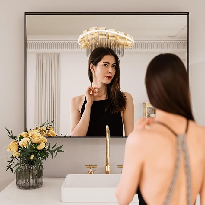 LOAAO Black Bathroom Mirror 28"X36" for Wall, Rectangle Bathroom Vanity Mirror, Hangs Vertically or Horizontally, Easy to Install, Modern Design