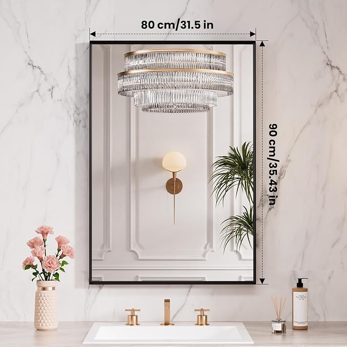 LOAAO Black Bathroom Mirror 32"X36" for Wall, Rectangle Bathroom Vanity Mirror, Tempered Glass, Hangs Vertically or Horizontally, Easy to Install, Modern Design