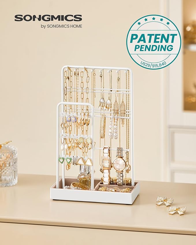 SONGMICS Jewelry Holder, Jewelry Organizer, Jewelry Display Stand with Metal Frame, Velvet Tray, Necklace Earring Bracelet Holder, for Studs, Rings, Gift Idea, Matte White UJJS021W01