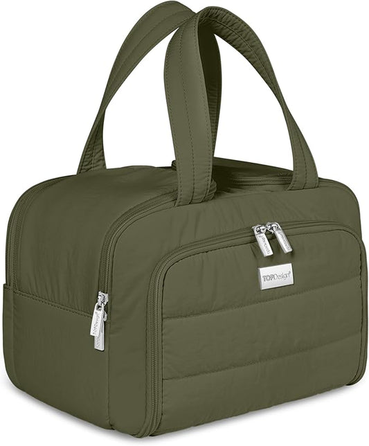 TOPDesign Travel Toiletry Bag for Women, Puffer Large Toiletry Bag, Lightweight Cosmetic Makeup Organizer with Handle for Traveling, Accessories, Essentials, Toiletries (Dark Green)