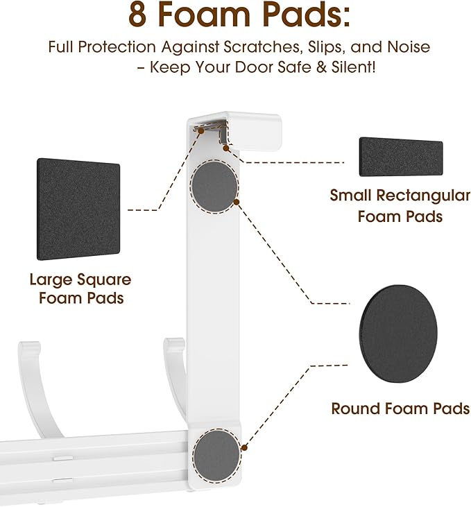 KitchLife Over The Door Hooks Hanger with 7 inches Extended Arms, Fits 1 3/8" Doors, F18U, Bathroom Towel Rack Organization, Thickened 6-Double Hook, Glossy White