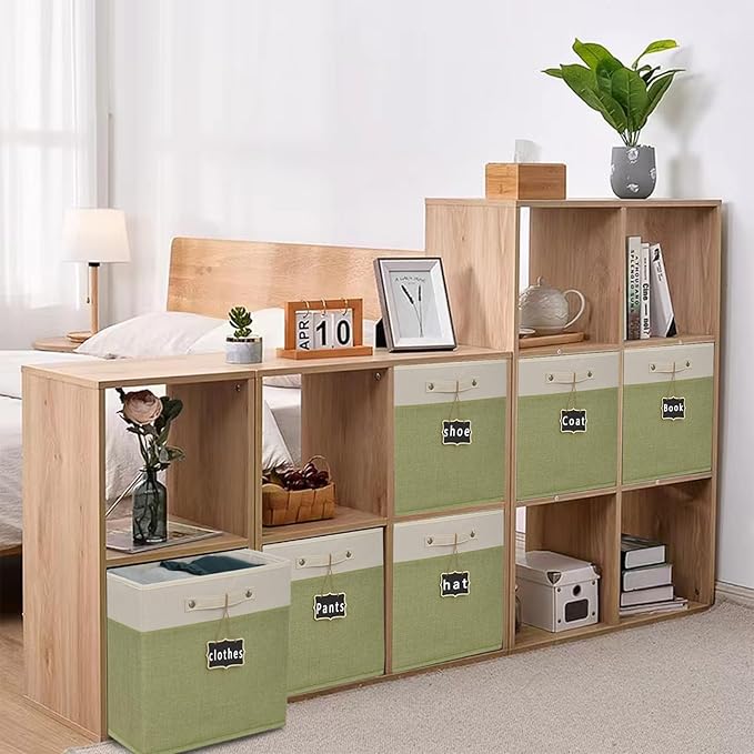 13x13x13 Inch Large Foldable Fabric Linen Cube Storage Bins【4-pack】, with Cotton Handles Closet Bins for Cabinet Shelves Home Organization and Storage bins(White&green)